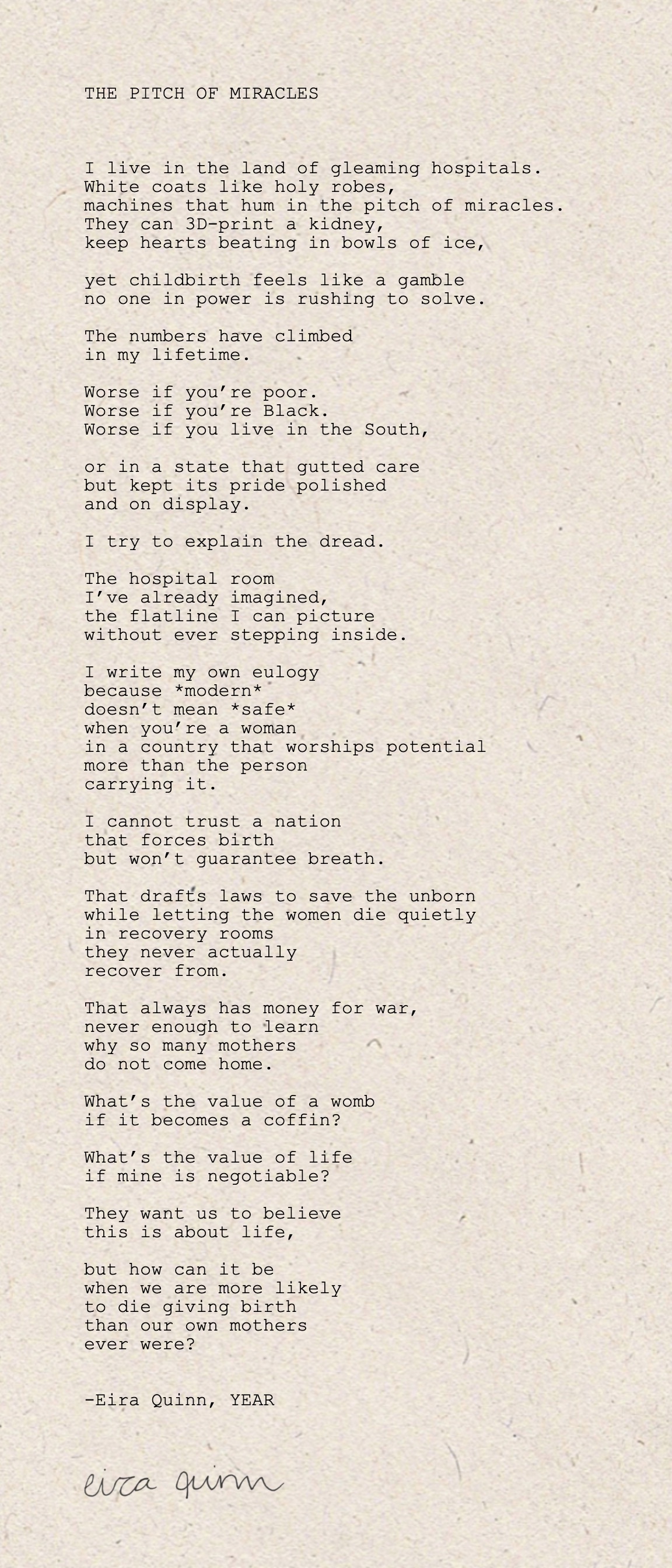 Mockup of "The Pitch of Miracles" hand-typed on a custom 6 by 14 inch sheet of handmade paper
